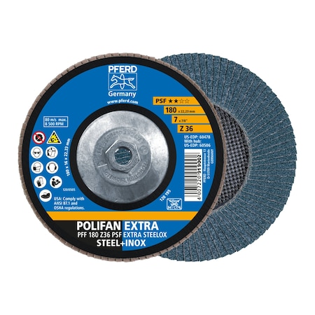 Pferd 7" x 5/8-11 Thd. POLIFAN Flap Disc - Z PSF EXTRA STEELOX, Zirconia, 36 Grit, Flat 60506